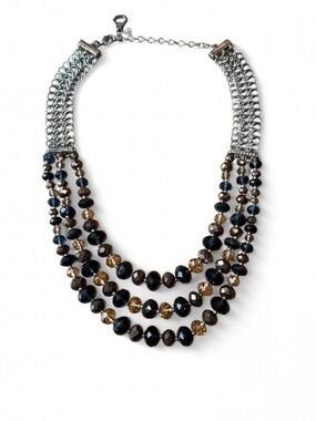 Elegant Three-Strand Blue and Brown Beaded Necklace with Silver Chainmail Design